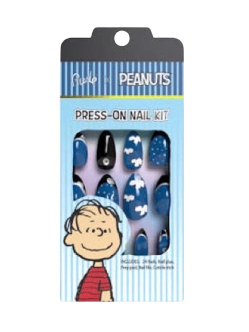 Rude x Peanuts Blue Cloud Rhinestone Almond Shaped 24 Piece Press-On Nail Set
